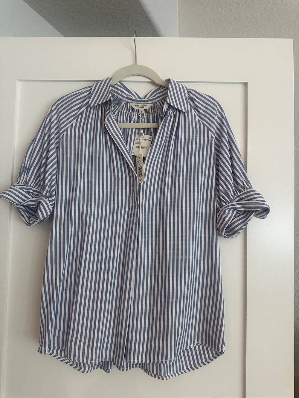 Max Studio Blue and White Striped Popover Blouse